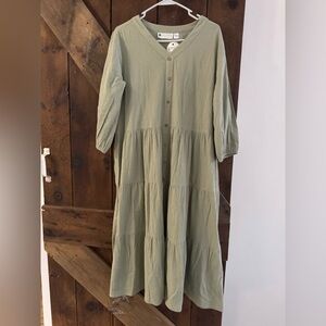 Vermont Country Store Sage Green V-Neck Long Sleeve Maxi Dress
